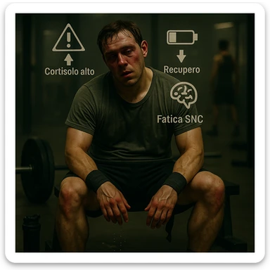Add floating symbols above the head with Italian text: 'Cortisolo alto', 'Recupero basso', 'Fatica SNC'. The style should be raw cinematic with muted colors and dramatic lighting. The symbols must be clear and legible. sticker