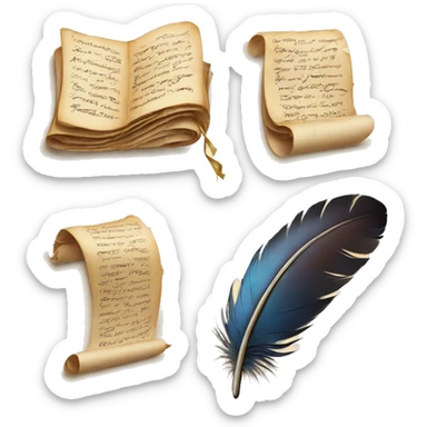 a feather quill and an open SCROLL sticker