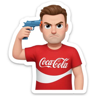grumpy coca-cola guy with a toy gun pointed at his head sticker