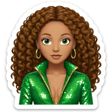 Mel B from Spice Girls with long brown curly hair, green sequin outfit sticker