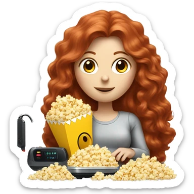 A long haired redhead lady eating popcorn with a robot vacuum next to her  sticker