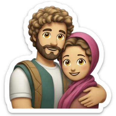 guy with beard and wavy hair hugging woman with headscarf sticker
