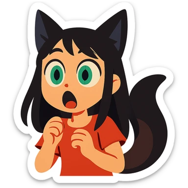 a surprised girl with huge green eyes, black fox ears, and a tail, dark hair sticker