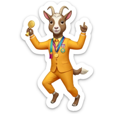 friendly anthropomorphised goat jogging upright in a colourful suit, holding up a medal, standard pose sticker