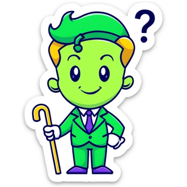 The Riddler villain with green suit, question mark cane, mischievous grin sticker