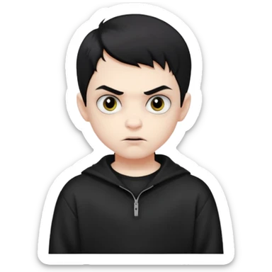 Vampire boy with the short black hair, pale-white skin, black eyes, little fangs and dark circles under his eyes. He has serious face and he wear a black oversize sweatshot sticker