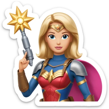 Barbie full confidence battle ready but pretty ground soldier heroically saving lives accompanied by Wonder Woman technology , with shelling happening all around sticker