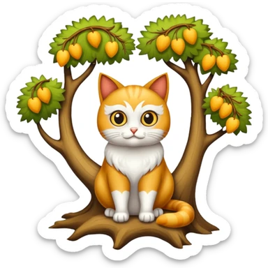crea un gato con alas de búho con pelaje color cafe y blanco y que este en la rama de un árbol sticker