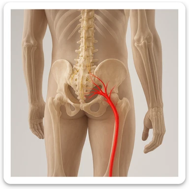 Create a hyperrealistic anatomical view of sciatica as in the reference image: human body seen from behind, visible spine, bones, and nerves, with the sciatic nerve highlighted in red starting from the lumbar area and running down the leg, clear anatomical details, neutral background, 4K quality. sticker
