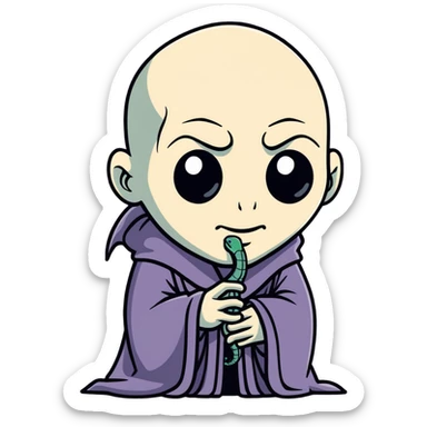 cartoon style Voldemort, pale skin, no nose, dark robes, snake-like features sticker