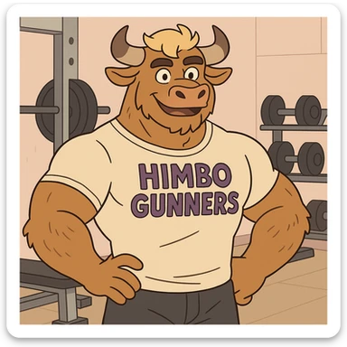 muscular furry character wearing a t-shirt that says 'Himbo Gunners' in a gym setting sticker