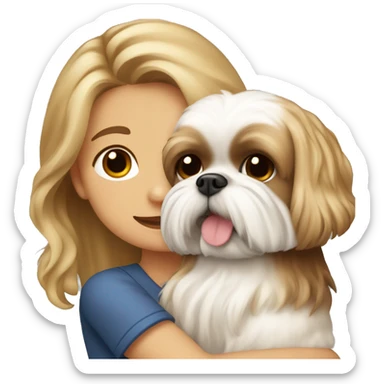 a girl with long, wavy brown hair hugging a Shih Tzu with blonde fur and a cute bow sticker