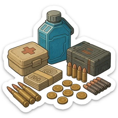 the image is the icon for a videogame  item. futuristic cyberpunk -ready to equip- it is master craftsmanship [ unequipped item ]
It is a pile of miscilaneous loot, some ammunition, credits, koans, first-aid, and a hydrator sticker