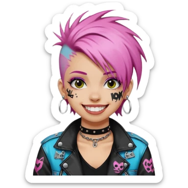 a punk girl with dyed hair and wear a punk graffiti jacket with black choker grin playfully  sticker