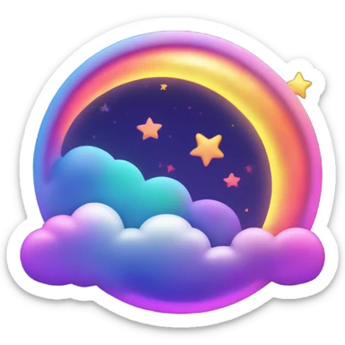 Neon rainbow moon with stars and clouds  sticker