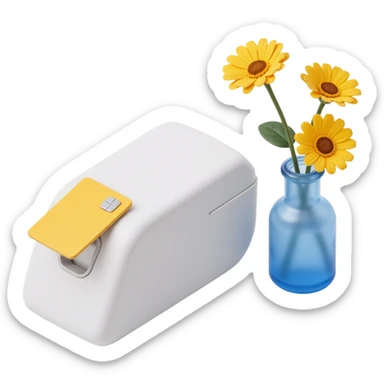 a skeuomorphism style icon featuring a white modern payment terminal with a card inserted, next to a blue vase with yellow flowers, soft lighting, similar composition to the reference sticker