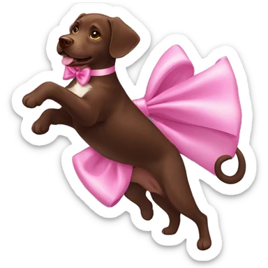 female chocolate lab wearing a pink bow and dancing sticker