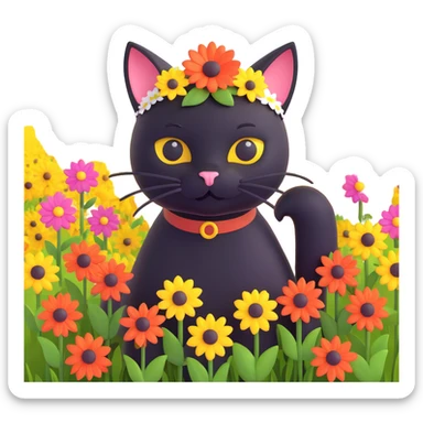 a black cat with a flower on its head in a field of flowers, monochrome sticker