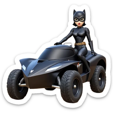 Rc toy with aerodynamic sexy fenders on Catwoman’s buxom attractive armored midnight-colored tight outfit from tv series style dark knight movie stealthy accurate sporty safe deluxe off-road fast pursuit prototype concept car (black hair, sitting back but driving aggressively) secret rally car sticker