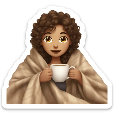 Brown hair Girl with curly hair drinking tea, with a cozy nude blanket sticker