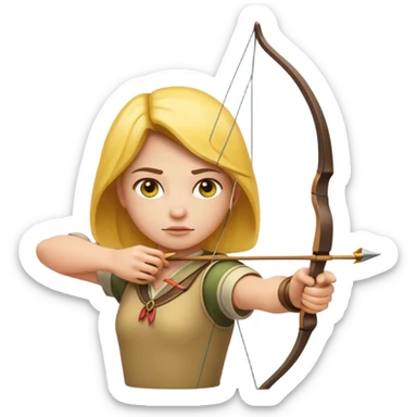 yellow circle emoji face, straight-faced and concentrated, as an archer drawing a bow, classic apple emoji style sticker
