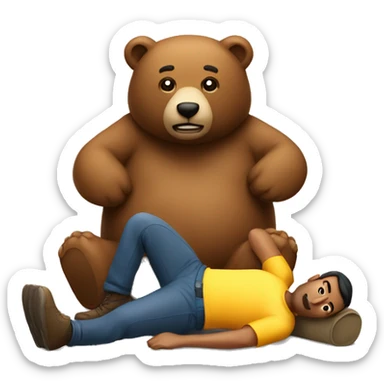 A man lying flat on the ground with a bear sitting on top of him sticker