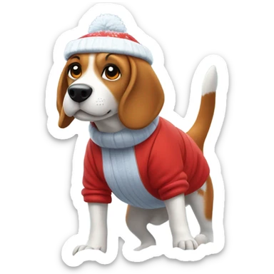 Beagle with red winter clothes and snowball fight sticker