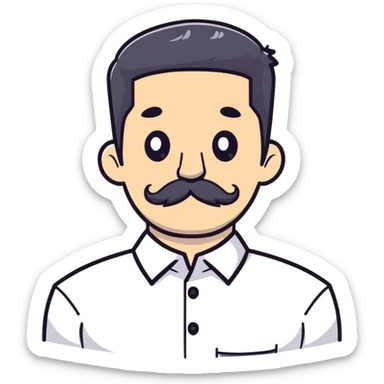 male character with oval-shaped flat-top head, bushy white mustache, wearing a white shirt with three white buttons sticker