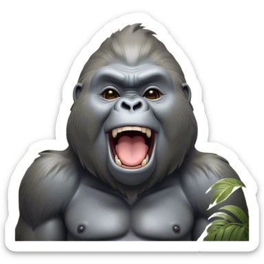 Cinematic Cute Yawning Silverback Gorilla Portrait Emoji, Head tilted slightly with a dramatic, wide-open yawn, showcasing a formidable build with a silvery mane and drowsy, half-closed eyes, Simplified yet irresistibly adorable features, highly detailed, glowing with a soft, cozy jungle glow, high shine, relaxed yet expressive, stylized with a dash of whimsical primate charm, soft glowing outline, capturing the essence of a drowsy yet affectionate guardian that appears ready to stretch out for a nap! sticker