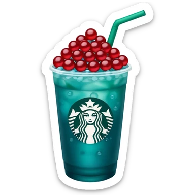 Teal-blue colored Starbucks refresher with red bobs pearls at the bottom sticker