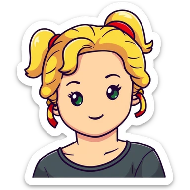 character with blonde, curly shoulder-length hair tied back with a red scrunchie, pale white skin, pale green eyes sticker