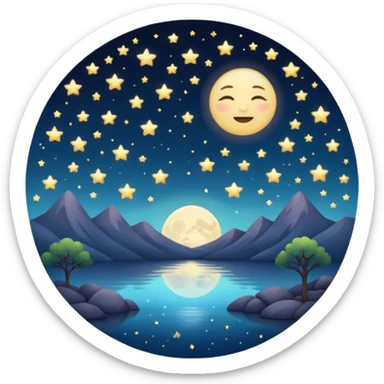 "Design a calming circle emoji for evening reflection. Soft moonlight, gentle stars, peaceful or spiritual symbols. No people - emphasize tranquil colors, night sky elements, and serene spiritual imagery." sticker