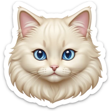 Cinematic Adorable Fluffy Cream Ragdoll Cat Portrait Emoji, Head tilted gracefully with soft, sparkling blue eyes, silky cream-colored fur with subtle darker points on the ears, face, and paws, Simplified yet noble features, highly detailed, glowing with a warm and gentle radiance, high shine, affectionate and poised, stylized with an air of elegance, bright and endearing, soft glowing outline, capturing the essence of a majestic and loving kitty, so dignified it feels like it could spring into action at any moment with grace! sticker