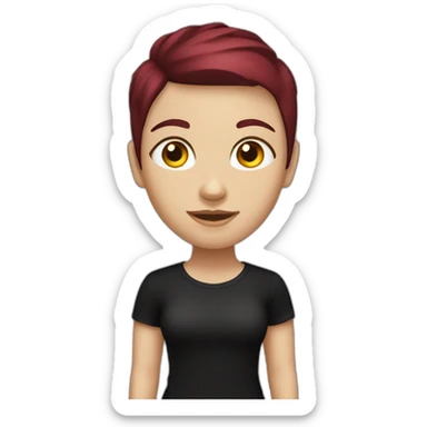 a white girl with burgundy short hair in a black T-shirt sticker