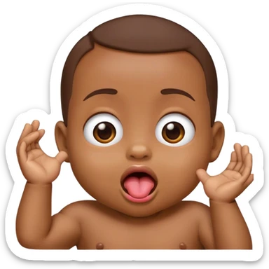 Emoji baby with little hands coming from the inside of its mouth. The hands are It’s tounge sticker