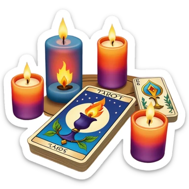 A deck of tarot cards, and a candle stands nearby sticker