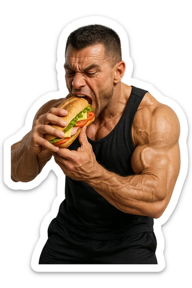 bodybuilder che mangia affamato un panino, iperrealistico 4k sticker