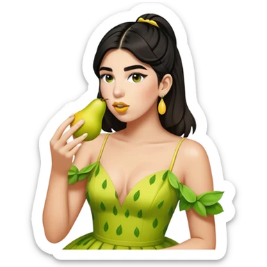 Dua Lipa with the same dress eating a pear sticker