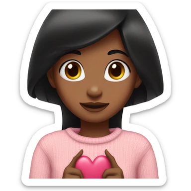 A girl with straight black hair in a pink sweater shows her heart with her hands sticker