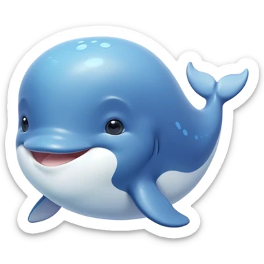 Cinematic happy baby whale, chubby rounded body, tiny smiling face, soft pastel blue hues, gentle glowing waves around, joyful and soothing. sticker
