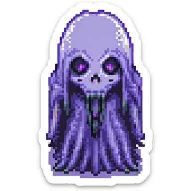a shadowy tall ghost, black, with hair over its glowing purple eyes, pixel art style sticker