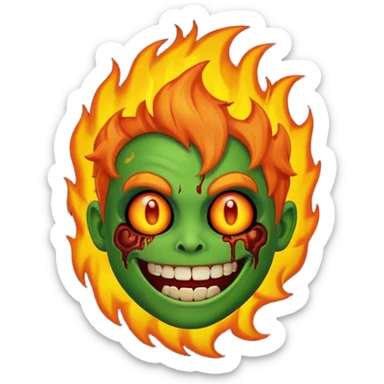 cartoon emoji-style fire zombie, green skin, burning hair sticker