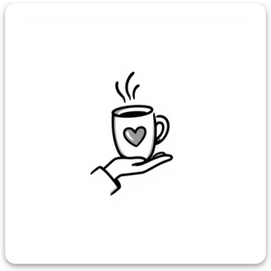 hand-drawn doodle of a coffee cup with steam, black ink, Notion style sticker