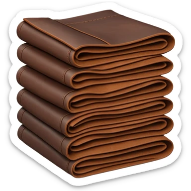 Apple-style 3D emoji of stacked folded sheets of leather fabric, soft but thick texture, dark brown or black, neat industrial look, shown like folded textile. sticker