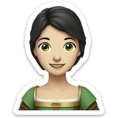 Medieval girl smiling, white skin, black hair, green eyes sticker