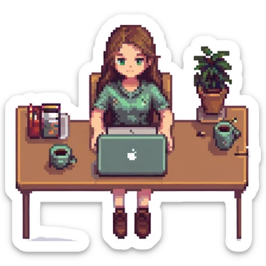 girl at desk with MacBook, coffee cup nearby, cozy atmosphere, pixel art style sticker