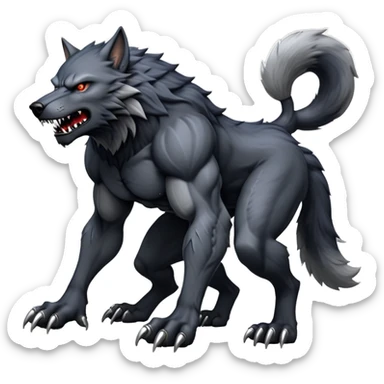 cinematic-noble-fierce-werewolf-full body on all fours-emoji, poised-and-imposing, with a tall, lean, and muscular wolfish frame inspired by the brutal, imposing shape of the beast from Berserk, fur rippling in shades of midnight black and silver, massive paws with razor-sharp claws, elongated limbs and fangs, eyes glowing with an intense, primal ferocity, reflecting the untamed power of the wild moonlit night; rendered with realism like a wolf hunched over sticker