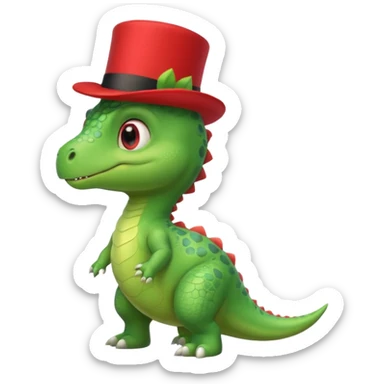 A side view of a very cute and adorable green anthropomorphic baby dinosaur with a red top hat sticker