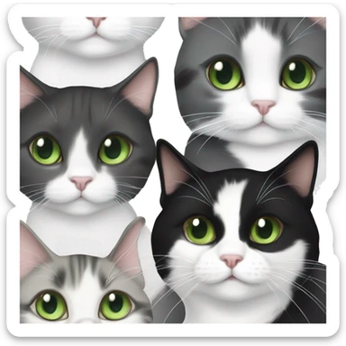 gray and white tuxedo cat with green eyes playing with long hair brown black and white calico cat with green eyes sticker