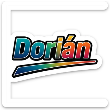 Dorián name in masculine, modern gradient font with precise Hungarian characters, dark outline, extra thick, prominent white letter border, dynamic slanted underline, rainbow gradient colors, 1000x1000 px, PNG, transparent background sticker